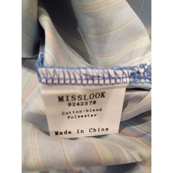 MissLook Mens XL Shirt Band Collar Blue Green Striped Short Sleeve Cuff - Picture 5 of 5